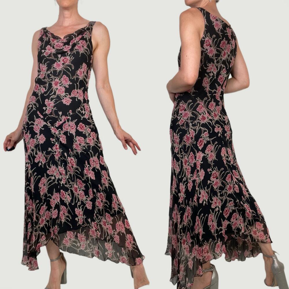 ICE silk beaded floral maxi dress long cowl neck vintage Y2K‎ pink black fairy M - Picture 3 of 17